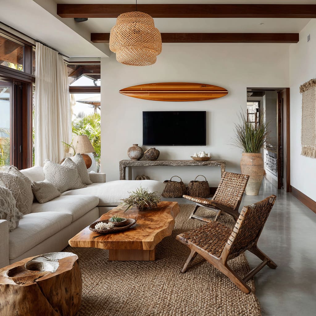 Concepto de choza de surf estilo plantación con longboard barnizado sobre el televisor, sillas tejidas, mesa escultórica de madera maciza y texturas naturales en capas. Concepto de choza de surf estilo plantación con longboard barnizado sobre el televisor, sillas tejidas, mesa escultórica de madera maciza y texturas naturales en capas.