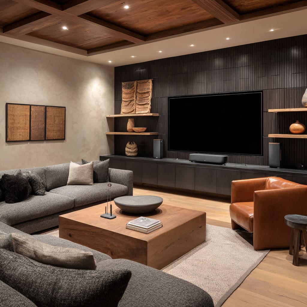 Refined men's cave design with black batten TV wall, walnut coffer ceiling, gray sectional, cinnamon leather chair Refined men's cave design with black batten TV wall, walnut coffer ceiling, gray sectional, cinnamon leather chair