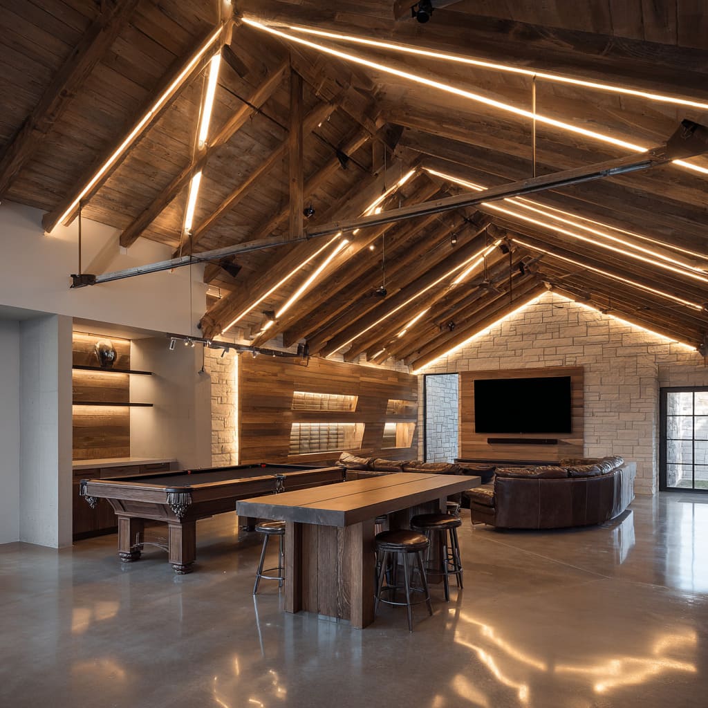 Relaxed garage living space design with glass sectional door, shiplap walls, caramel leather sofa, wall-to-wall hobby desk, warm LED accents Relaxed garage living space design with glass sectional door, shiplap walls, caramel leather sofa, wall-to-wall hobby desk, warm LED accents