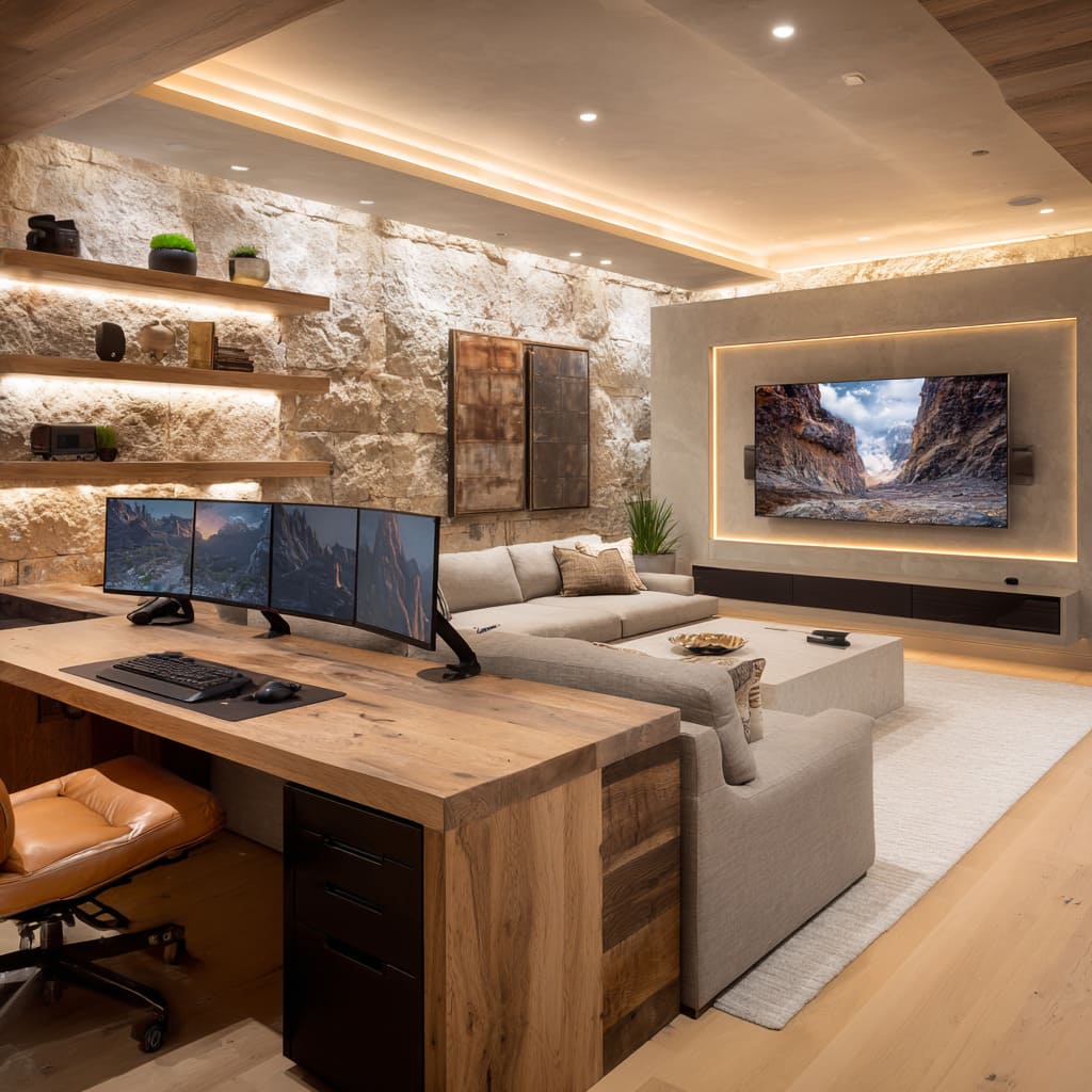 Rough-backdropped men's space design and theater with thick oak desk, floating lit shelves, gray L-sofa, plaster TV portal Rough-backdropped men's space design and theater with thick oak desk, floating lit shelves, gray L-sofa, plaster TV portal