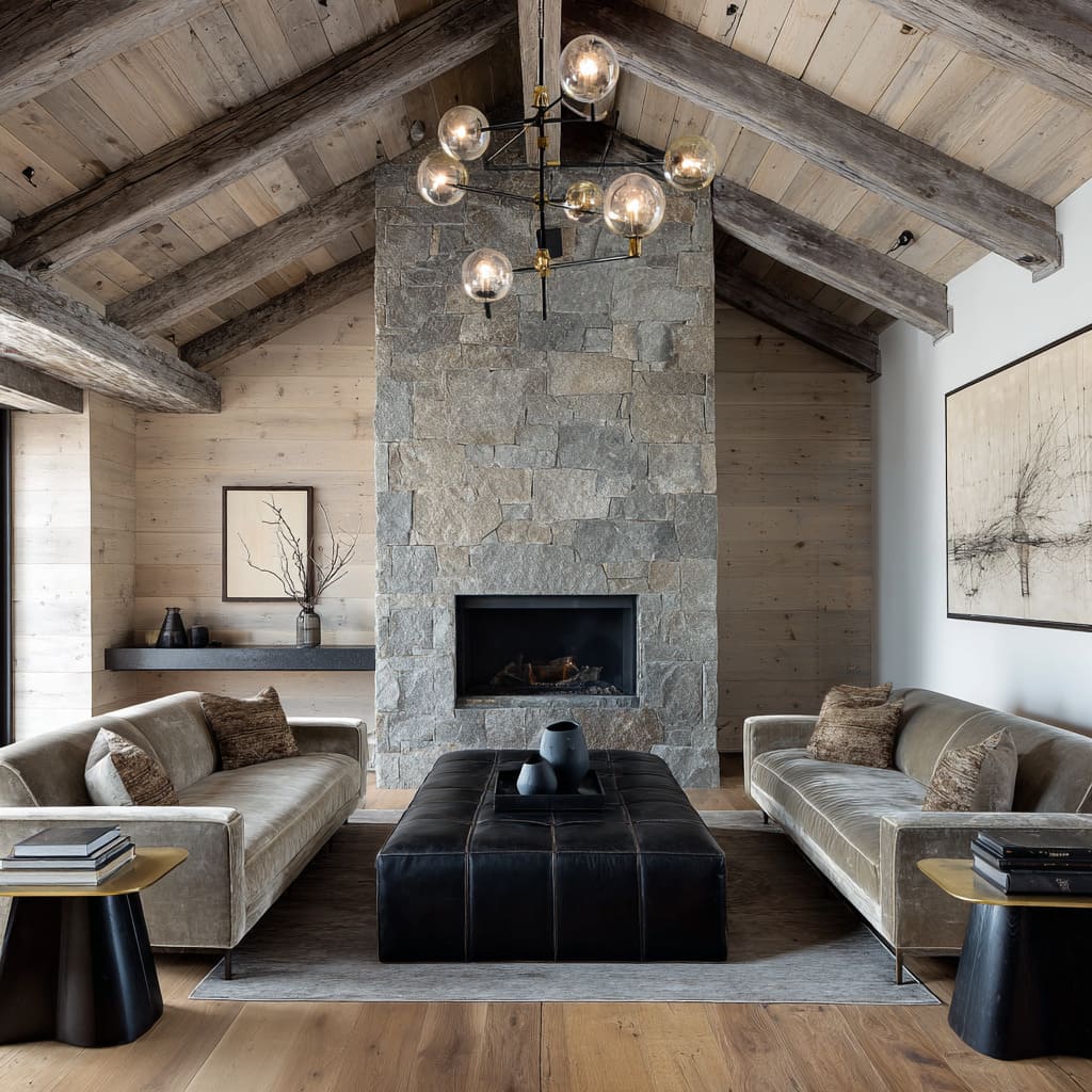Rustic-meets-urban chalet style great room design with graywashed rafters, rough stone chimney, champagne velvet sofas Rustic-meets-urban chalet style great room design with graywashed rafters, rough stone chimney, champagne velvet sofas