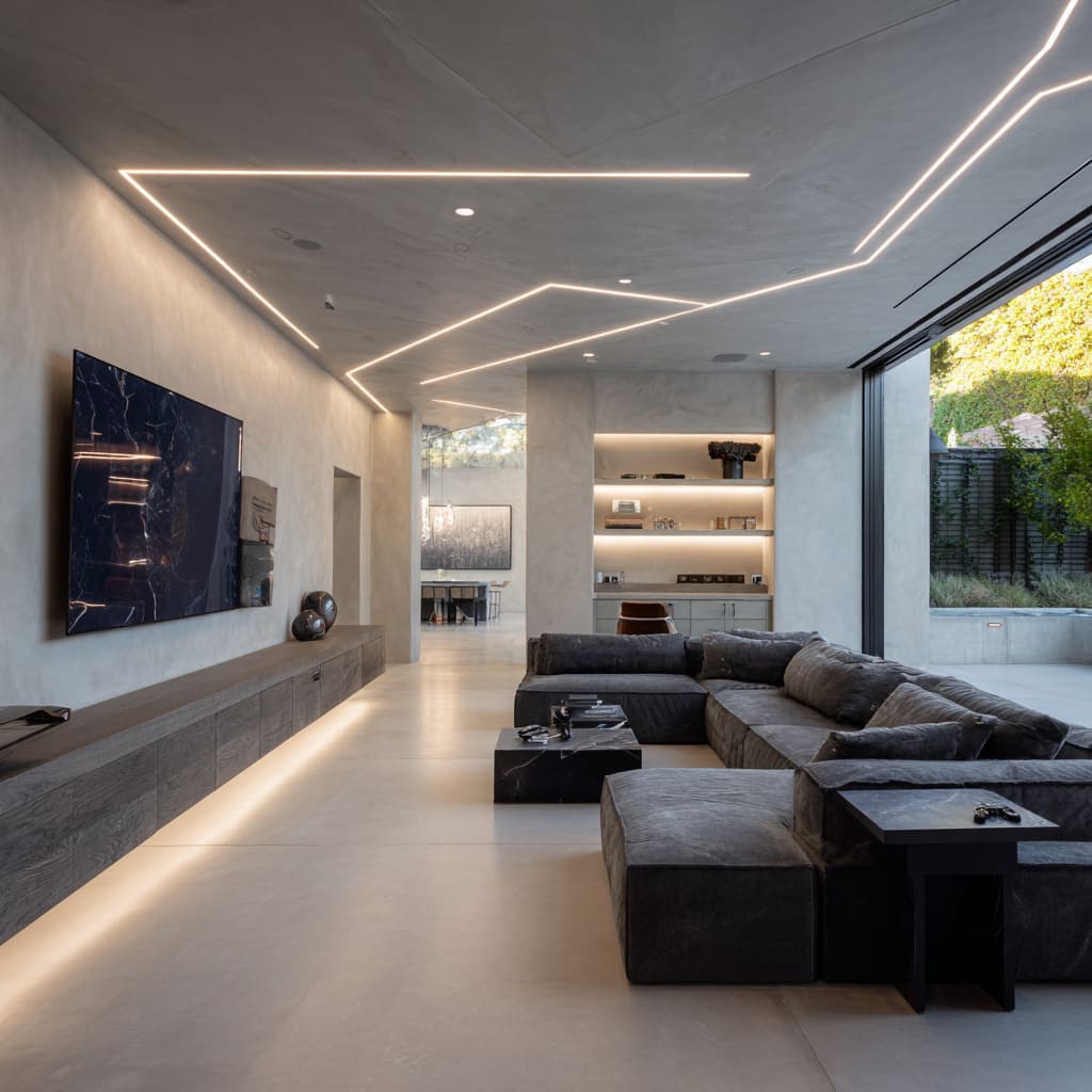 Sculpted concrete-style garage man cave design with seamless mineral surfaces, angular LED ceiling lines, floating media console Sculpted concrete-style garage man cave design with seamless mineral surfaces, angular LED ceiling lines, floating media console