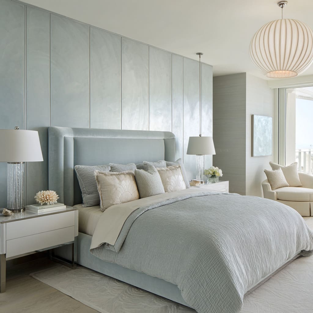 Sea-breeze hollywood regency style bedroom design in pale blue tones, curved upholstered headboard, ribbed glass lamps, and wave-textured rug Sea-breeze hollywood regency style bedroom design in pale blue tones, curved upholstered headboard, ribbed glass lamps, and wave-textured rug