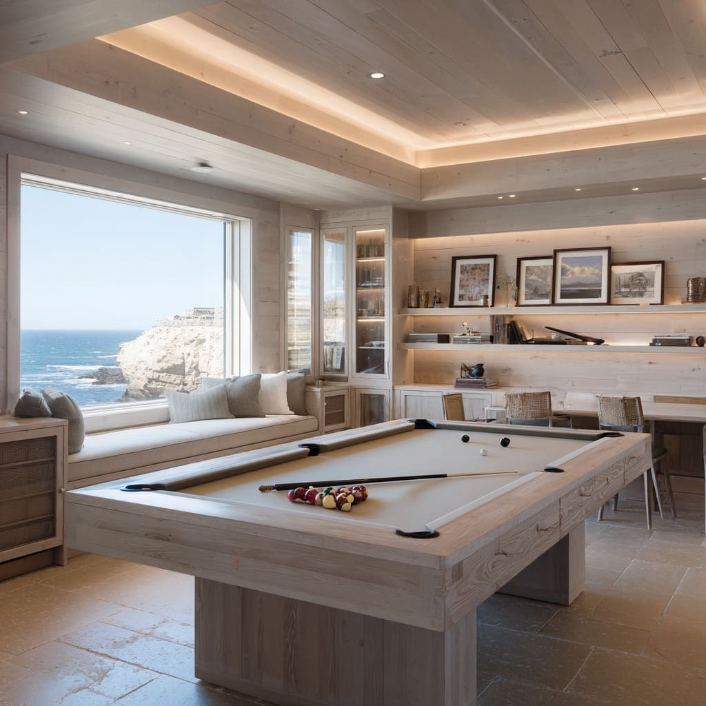 Seaside-inspired snooker room ideas with panoramic view, beige felt, rattan stools, and pale oak cabinetry Seaside-inspired snooker room ideas with panoramic view, beige felt, rattan stools, and pale oak cabinetry