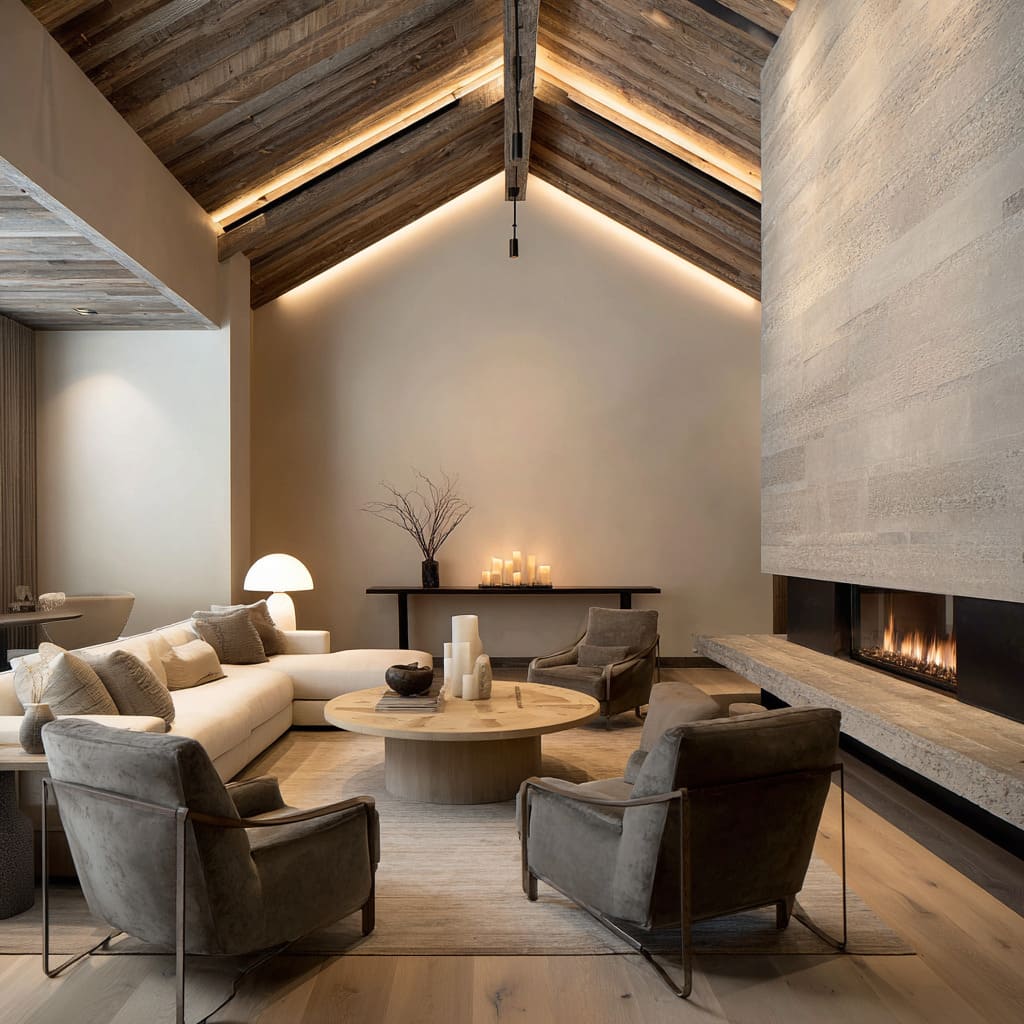 Serene spa-like chalet main room concept with reclaimed ceiling boards, limestone hearth wall, pale sectional seating Serene spa-like chalet main room concept with reclaimed ceiling boards, limestone hearth wall, pale sectional seating