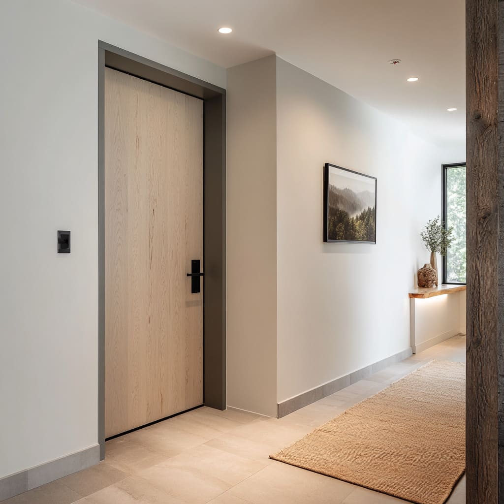 Simple door with broad taupe-graphite frame in a quiet foyer interior Simple door with broad taupe-graphite frame in a quiet foyer interior