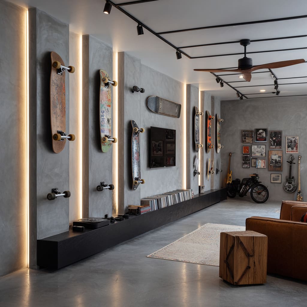 Skate-culture inspired garage lounge design with vertical light seams, concrete-look pilasters, skateboard display, walnut ceiling fan Skate-culture inspired garage lounge design with vertical light seams, concrete-look pilasters, skateboard display, walnut ceiling fan