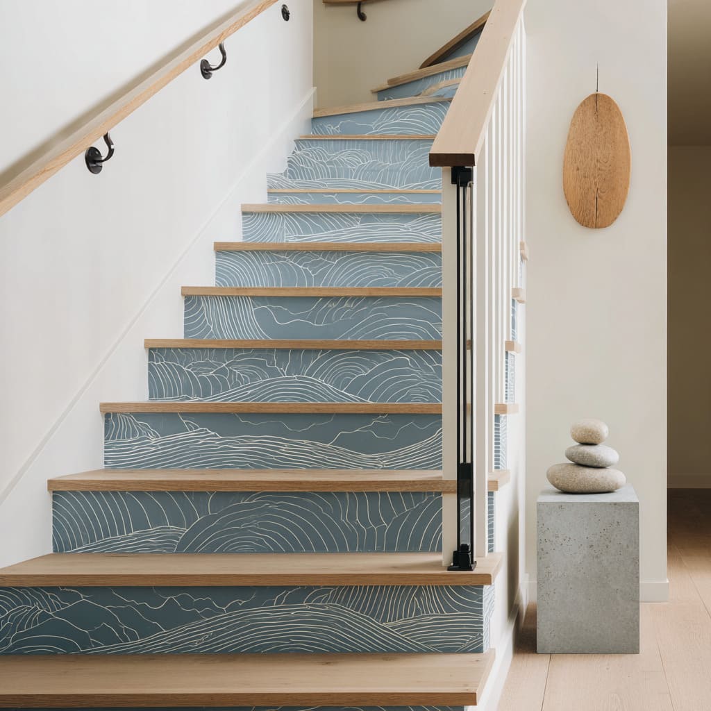 Slate-blue stair risers idea with thin coastal line art, oak nosings, and neutral sculpture for a soft wave-inspired staircase
