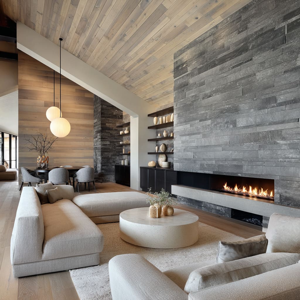 Slate-clad chalet living room concept featuring long linear fireplace, pale timber ceiling, stone-beige modular seating, terrazzo round table Slate-clad chalet living room concept featuring long linear fireplace, pale timber ceiling, stone-beige modular seating, terrazzo round table