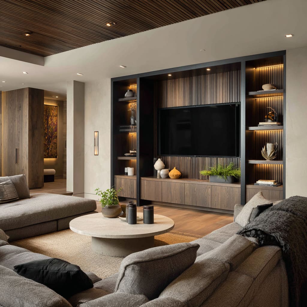 Slatted timber ceiling over black-framed media wall with ribbed center, warm lit shelves, low wood cabinet, twin gray sectionals Slatted timber ceiling over black-framed media wall with ribbed center, warm lit shelves, low wood cabinet, twin gray sectionals