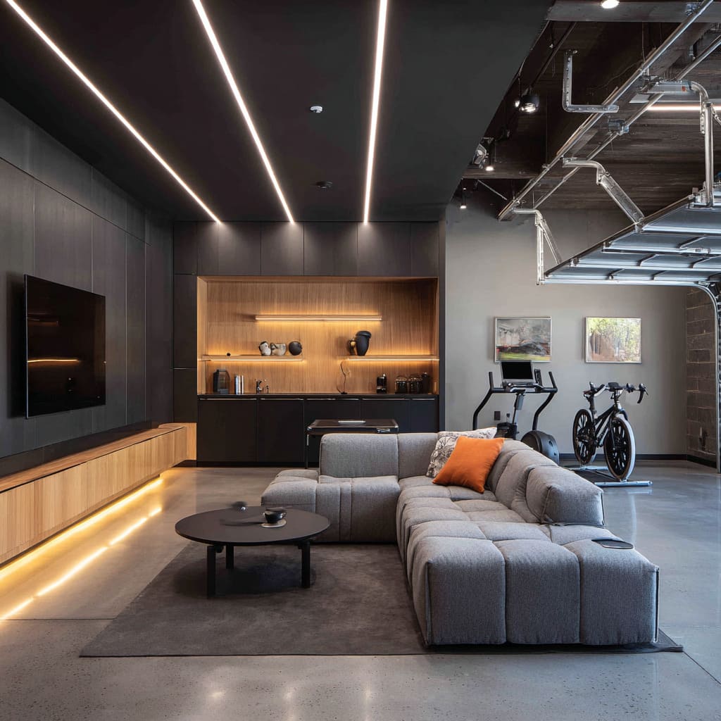 Sleek urban garage man cave design with charcoal ceiling, straight LED lanes, oak and black media console, wood kitchenette, gray tufted sofa Sleek urban garage man cave design with charcoal ceiling, straight LED lanes, oak and black media console, wood kitchenette, gray tufted sofa