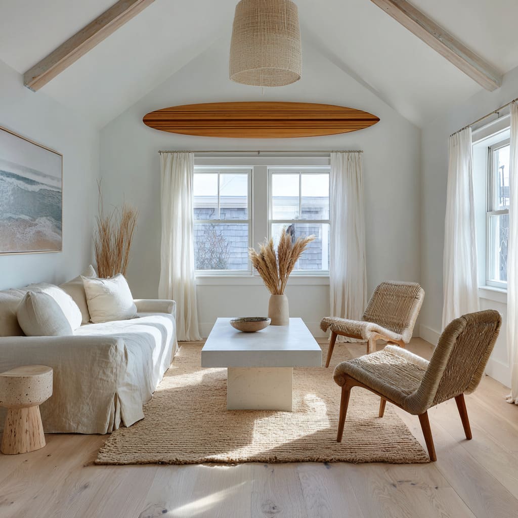 Diseño inspirado en el surf para una pequeña casa costera con longboard sobre la ventana, sillas de cuerda, mesa blanca y pastos secos decorativos. Diseño inspirado en el surf para una pequeña casa costera con longboard sobre la ventana, sillas de cuerda, mesa blanca y pastos secos decorativos.
