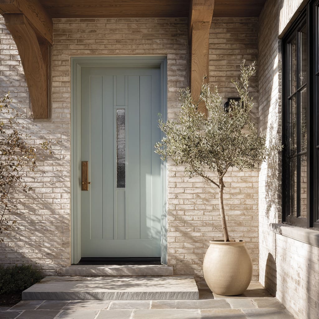 Smoky-aqua door with slim glass panel, pale brick, brass hardware, and olive tree in sandy clay planter Smoky-aqua door with slim glass panel, pale brick, brass hardware, and olive tree in sandy clay planter
