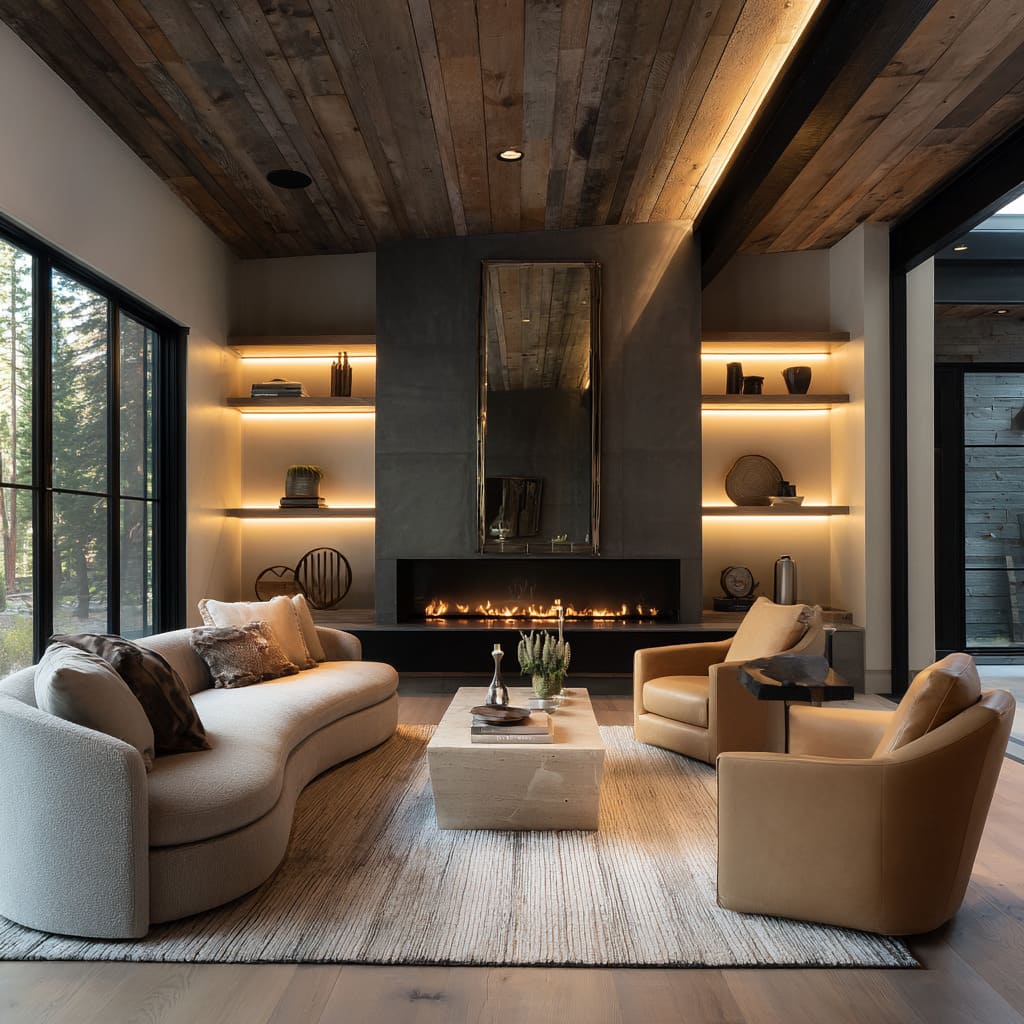 Snug wooden design with reclaimed planks, slim charcoal fireplace, tall mirror Snug wooden design with reclaimed planks, slim charcoal fireplace, tall mirror