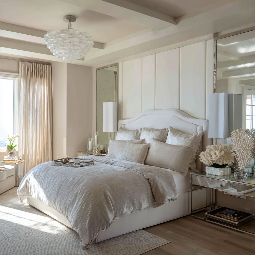 Soft-glam hollywood regency bed setup with curved upholstered frame, mirrored wall panels, seashell chandelier Soft-glam hollywood regency bed setup with curved upholstered frame, mirrored wall panels, seashell chandelier