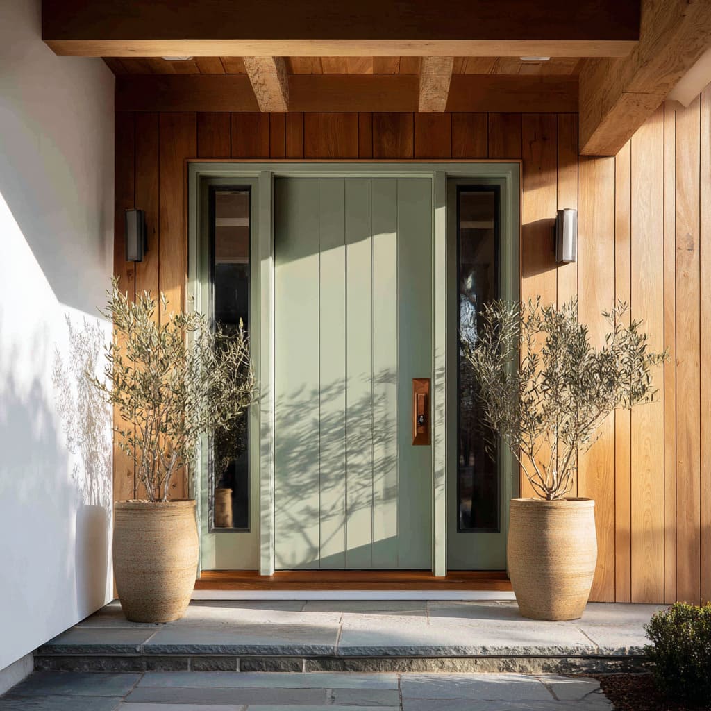 Soft moss-green framed entry door in cedar porch with twin slender sidelites, olive trees, and bluestone steps Soft moss-green framed entry door in cedar porch with twin slender sidelites, olive trees, and bluestone steps
