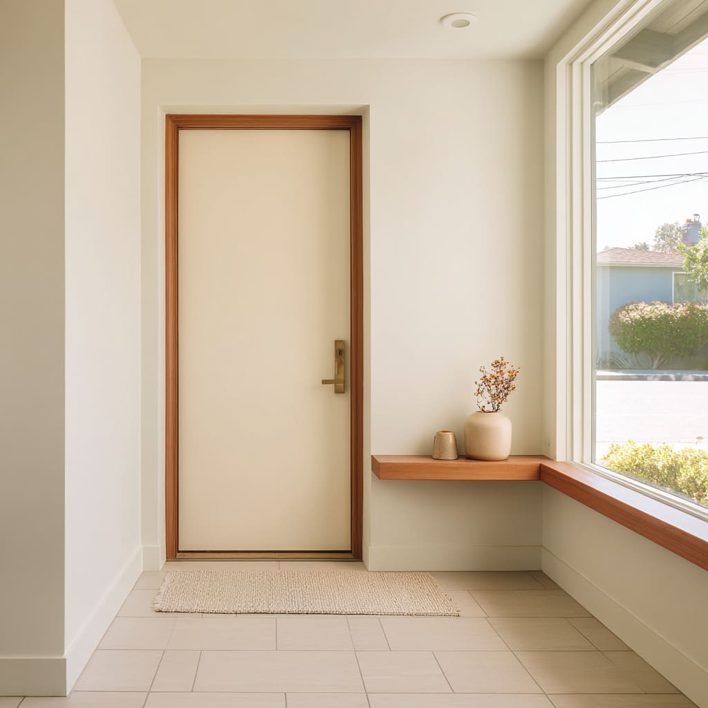 Soft neutral door with warm maple frame in a sunlit corner entry interior Soft neutral door with warm maple frame in a sunlit corner entry interior