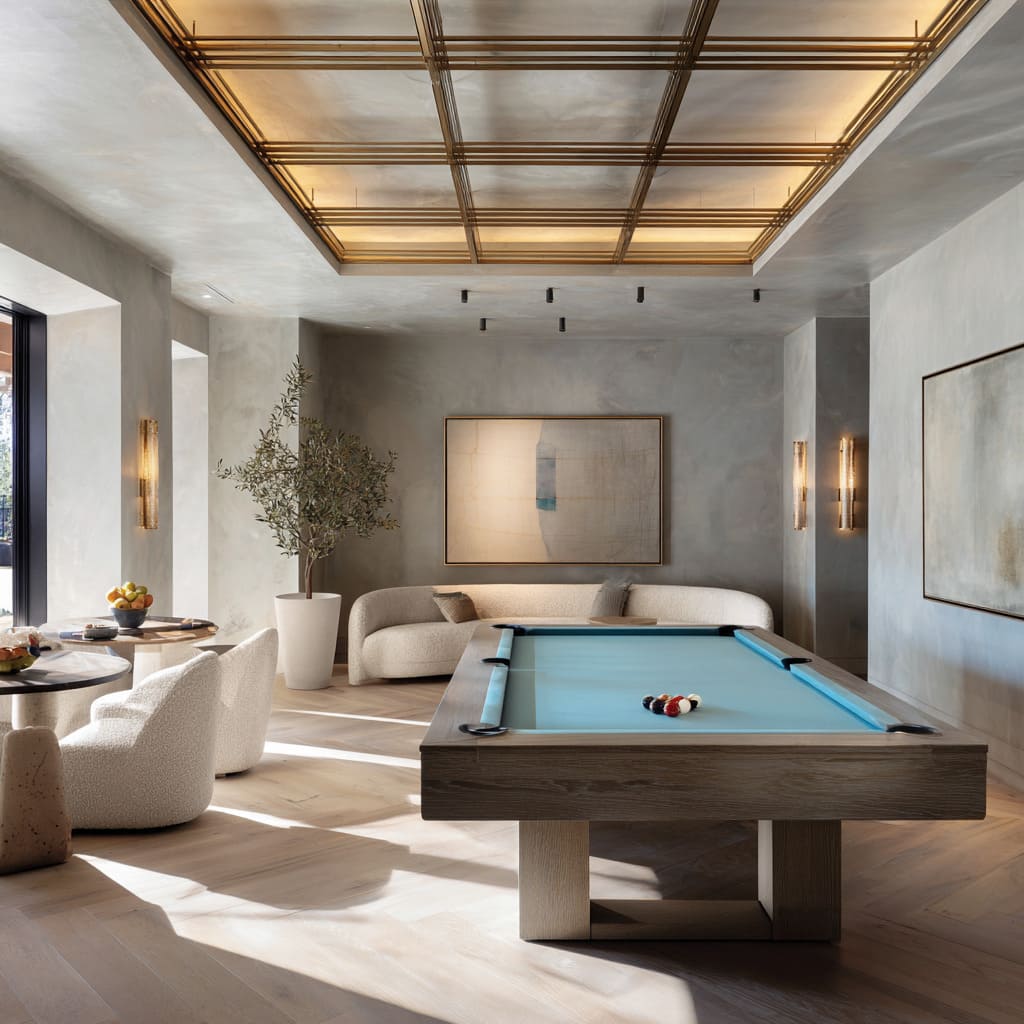 Soft neutral snooker lounge inspo with luminous ceiling grid, pale plaster walls, blue felt table, and rounded furniture for a serene look Soft neutral snooker lounge inspo with luminous ceiling grid, pale plaster walls, blue felt table, and rounded furniture for a serene look