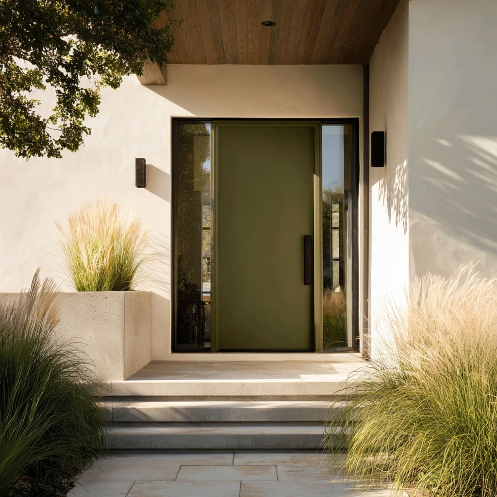 Soft olive-sage modern front door with slim bronze frame, full-height sidelites, cedar soffit, and pale limestone steps Soft olive-sage modern front door with slim bronze frame, full-height sidelites, cedar soffit, and pale limestone steps