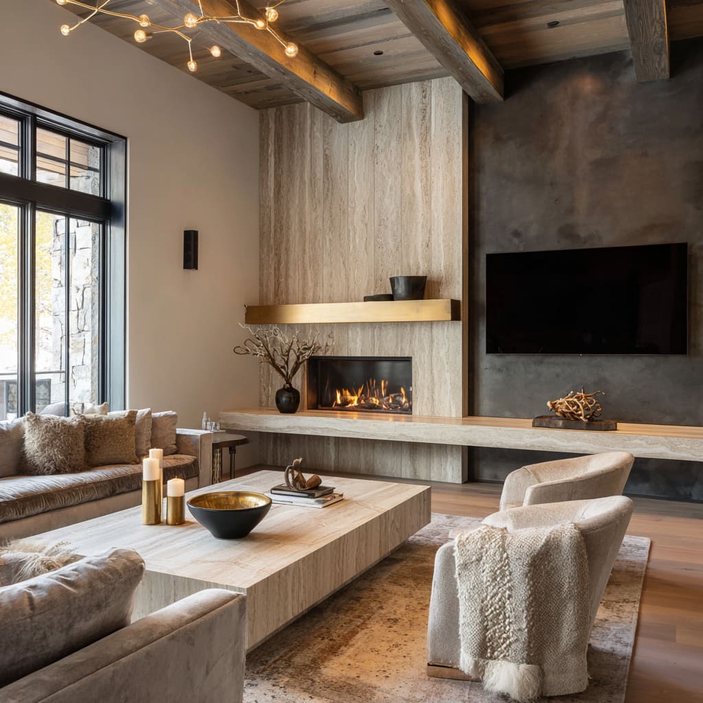 Sophisticated chalet style living room concept with travertine and plaster walls, brass mantel band, long hearth bench Sophisticated chalet style living room concept with travertine and plaster walls, brass mantel band, long hearth bench