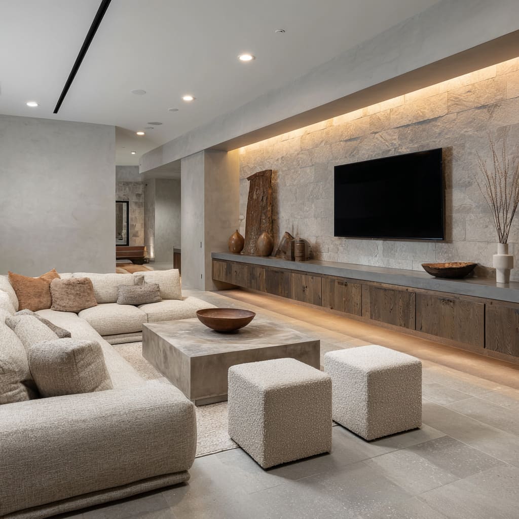 Stone-and-dark-oak feature wall design with concrete-topped floating cabinet, boucle sectional, concrete cube coffee table Stone-and-dark-oak feature wall design with concrete-topped floating cabinet, boucle sectional, concrete cube coffee table