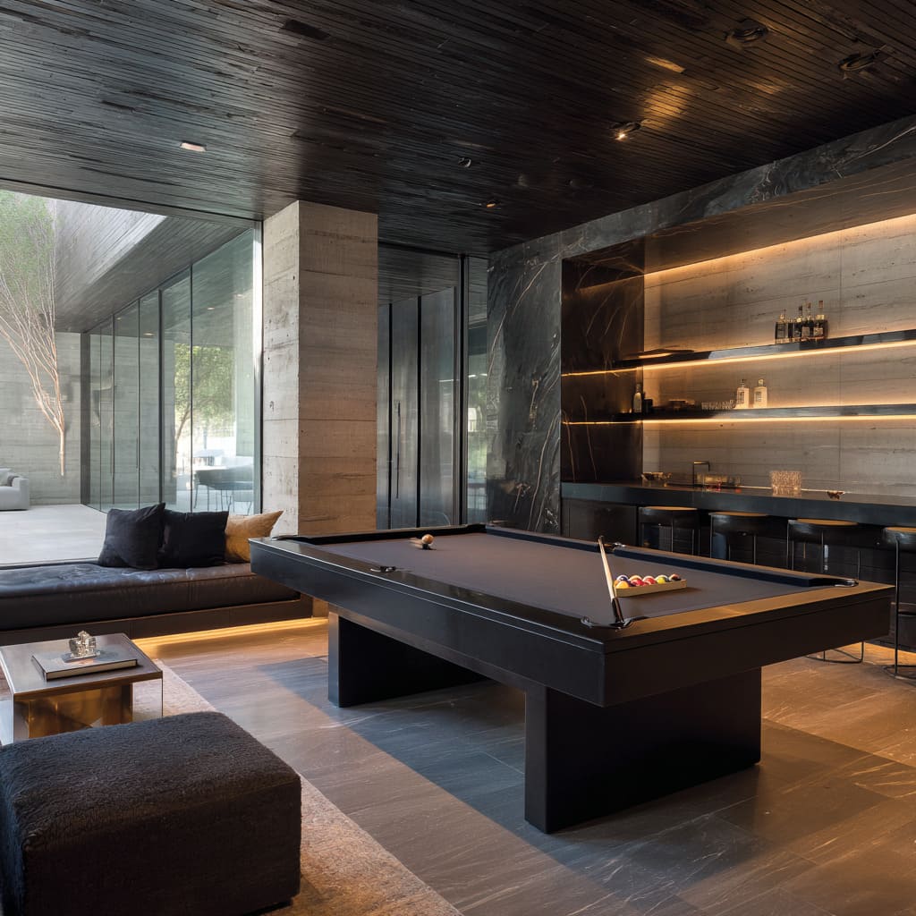 Stone-and-glass snooker pavilion design with black ceiling, marble bar, matte black table, and warm ambient glow Stone-and-glass snooker pavilion design with black ceiling, marble bar, matte black table, and warm ambient glow