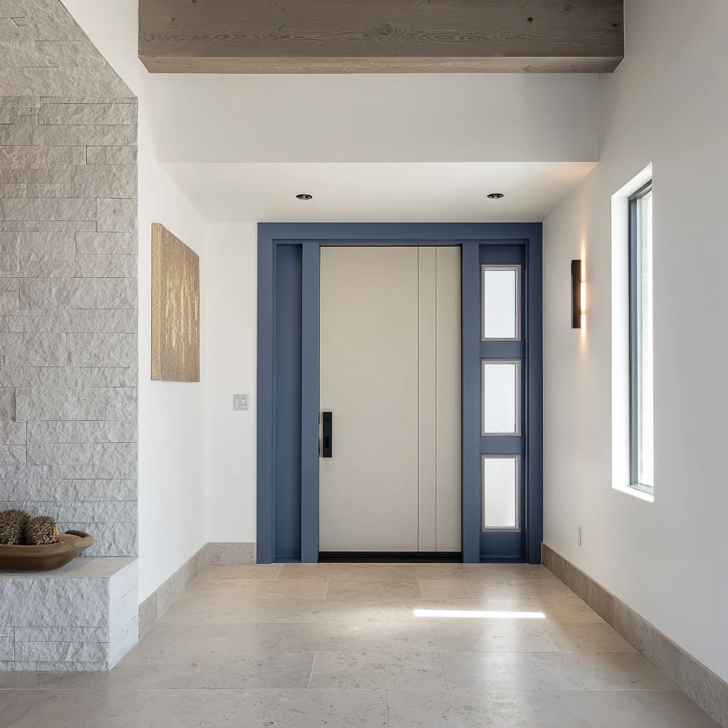 Stone-gray door with muted denim-blue frame and integrated sidelites Stone-gray door with muted denim-blue frame and integrated sidelites