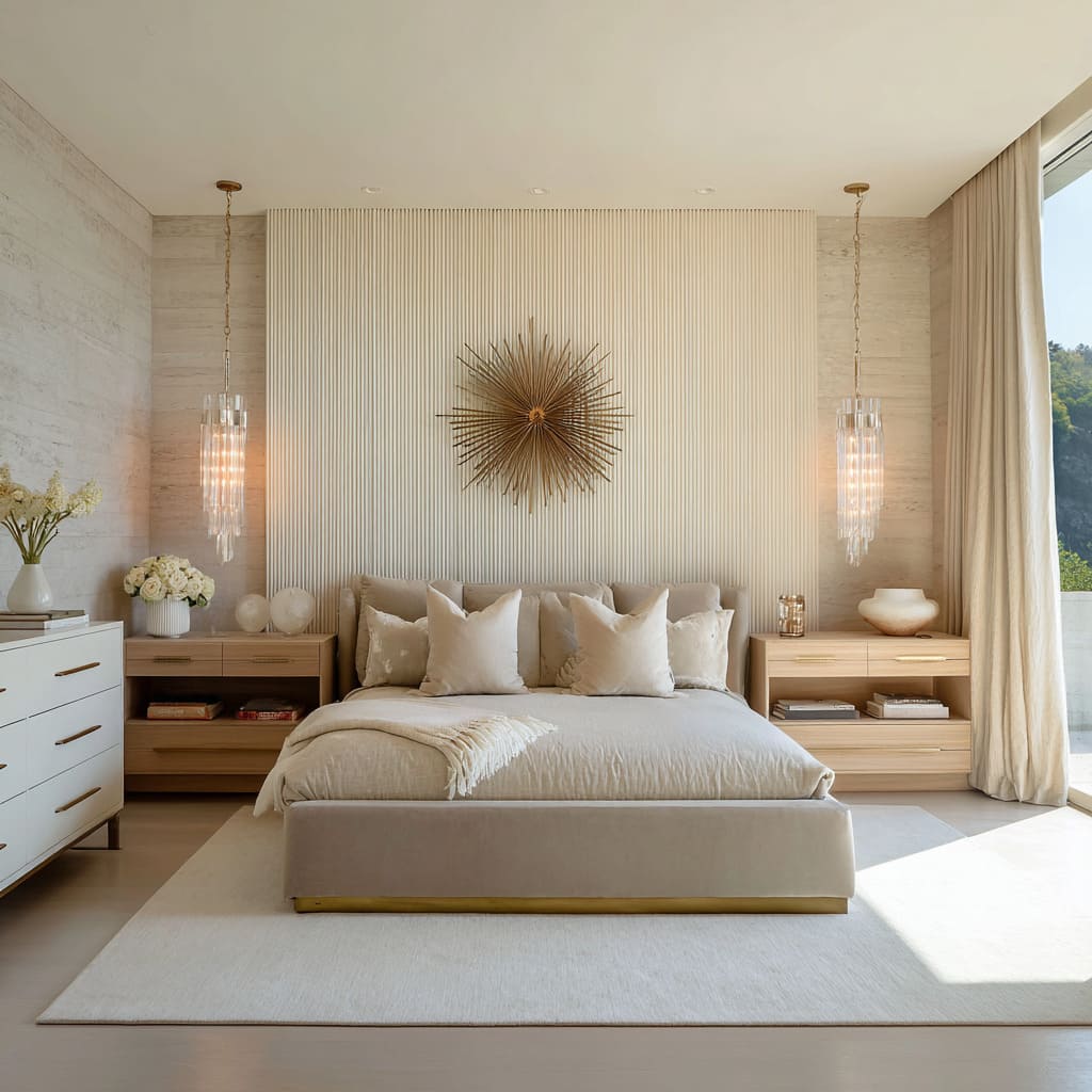 Sun-washed hollywood regency bedroom decor featuring fluted cream wall panels, a gilt sunburst centerpiece, brass accents Sun-washed hollywood regency bedroom decor featuring fluted cream wall panels, a gilt sunburst centerpiece, brass accents