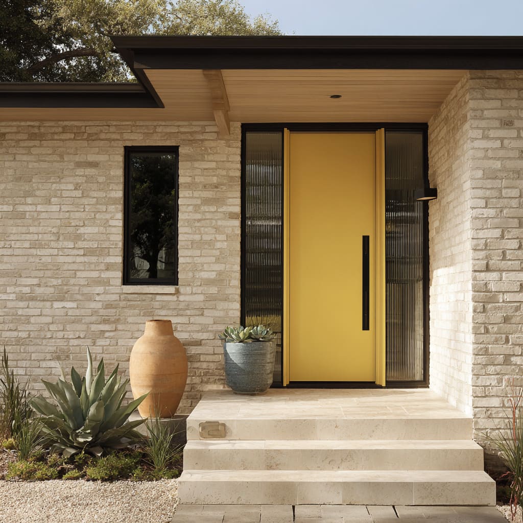 Sunflower yellow door with black reveals, ribbed sidelites, travertine steps, and terracotta pots Sunflower yellow door with black reveals, ribbed sidelites, travertine steps, and terracotta pots