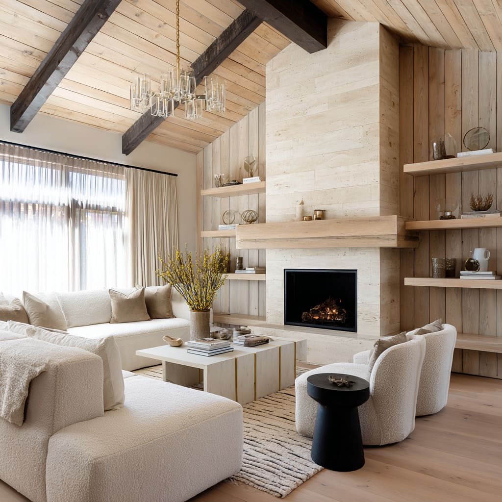 Sunlit chalet style interior with pale straw wood boards, black beams, travertine chimney, modular white sofa, floating shelves Sunlit chalet style interior with pale straw wood boards, black beams, travertine chimney, modular white sofa, floating shelves