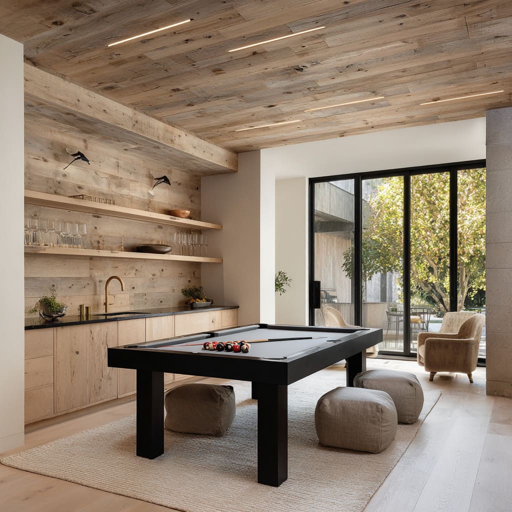 Sunny casual snooker room concept with reclaimed wood ceiling, minimal shelves, black table, and open patio view Sunny casual snooker room concept with reclaimed wood ceiling, minimal shelves, black table, and open patio view