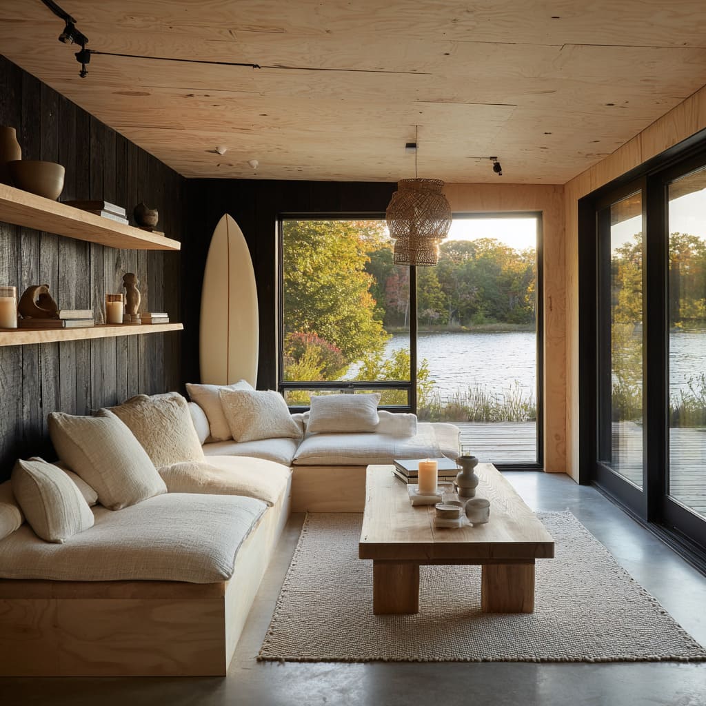 Diseño interior de choza de surf con pared negra tipo shou-sugi-ban, techo de pino claro y cojines de lino. Diseño interior de choza de surf con pared negra tipo shou-sugi-ban, techo de pino claro y cojines de lino.