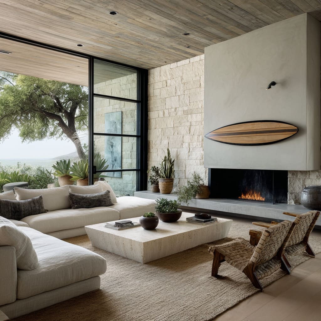 Diseño interior con tabla de surf en villa estilo Hill Country, paredes de piedra, mesa de travertino y tabla con incrustaciones de madera sobre chimenea de yeso. Diseño interior con tabla de surf en villa estilo Hill Country, paredes de piedra, mesa de travertino y tabla con incrustaciones de madera sobre chimenea de yeso.