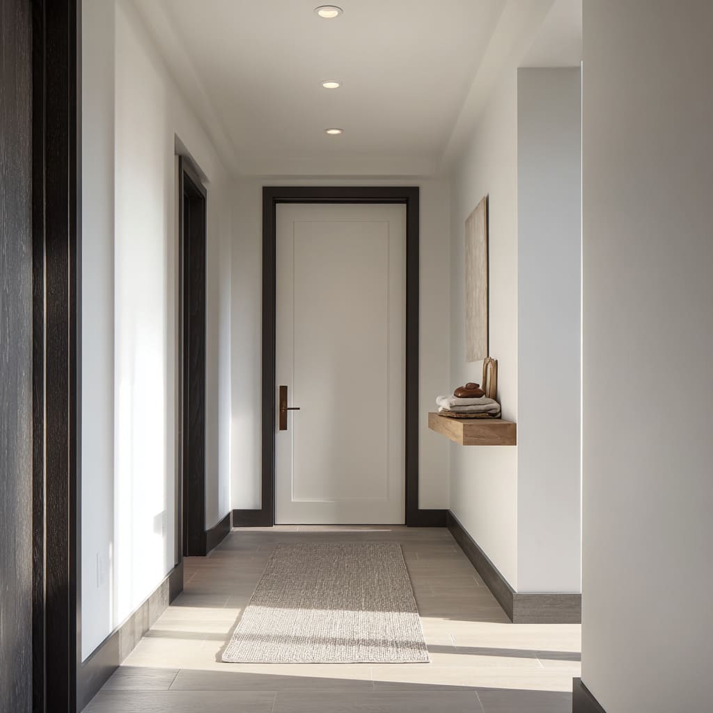 Tall white panel door inside dark espresso frames with matching baseboards Tall white panel door inside dark espresso frames with matching baseboards
