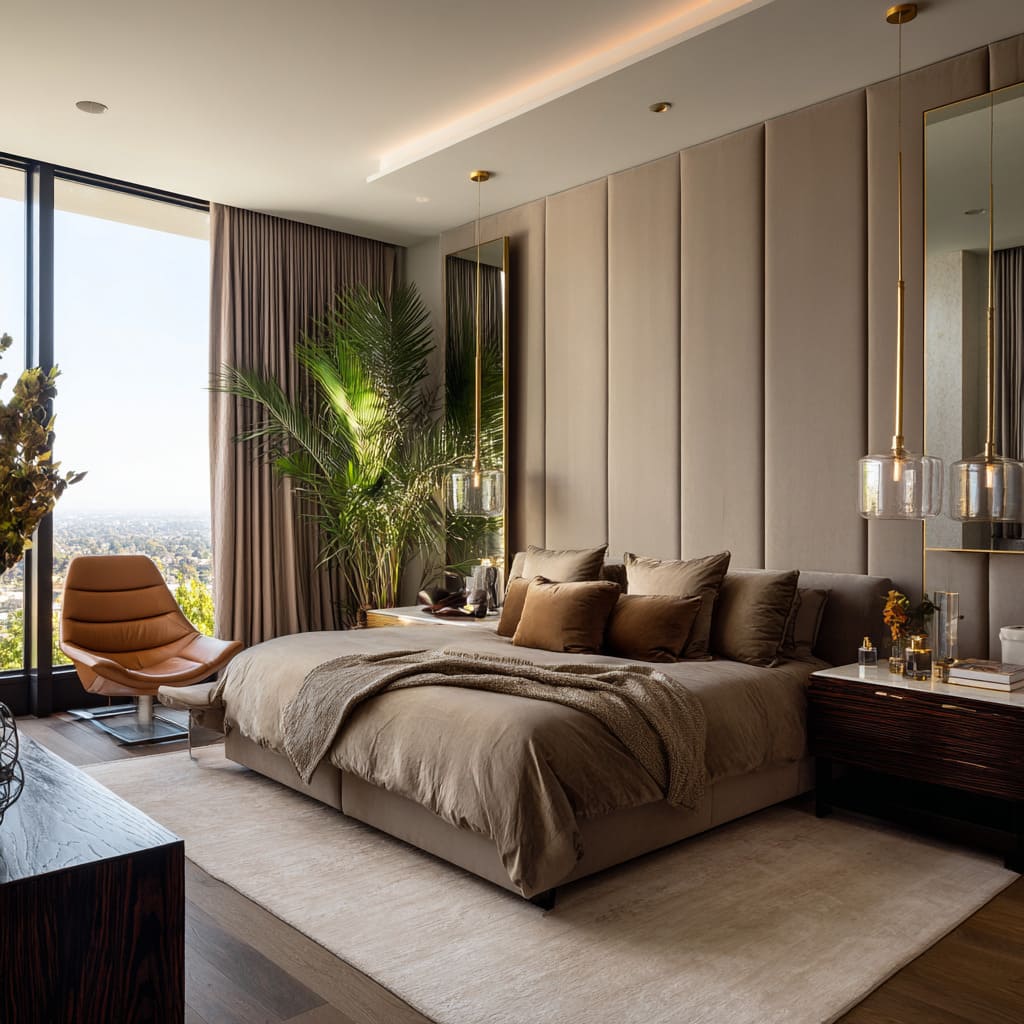 Taupe hollywood regency bedroom concept with tall padded wall blades, smoked-glass pendants, striped veneer nightstands, and green accents Taupe hollywood regency bedroom concept with tall padded wall blades, smoked-glass pendants, striped veneer nightstands, and green accents