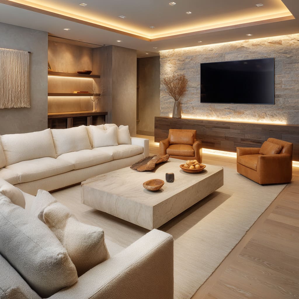 Textured basement cave design with ledgestone TV wall, long dark wood cabinet Textured basement cave design with ledgestone TV wall, long dark wood cabinet