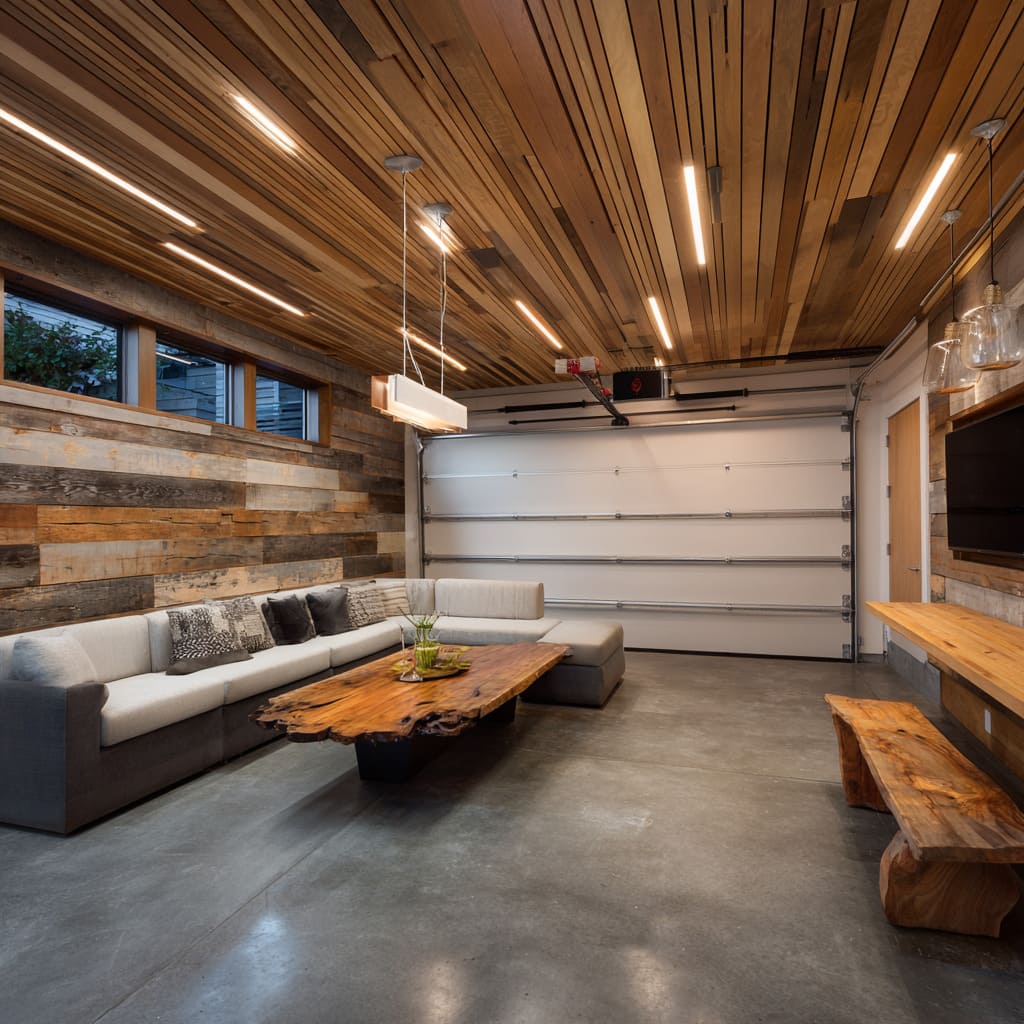 Timber-rich garage living room inspo with mixed wood ceiling planks, short light slots, reclaimed wall, live-edge tables, pale sectional Timber-rich garage living room inspo with mixed wood ceiling planks, short light slots, reclaimed wall, live-edge tables, pale sectional