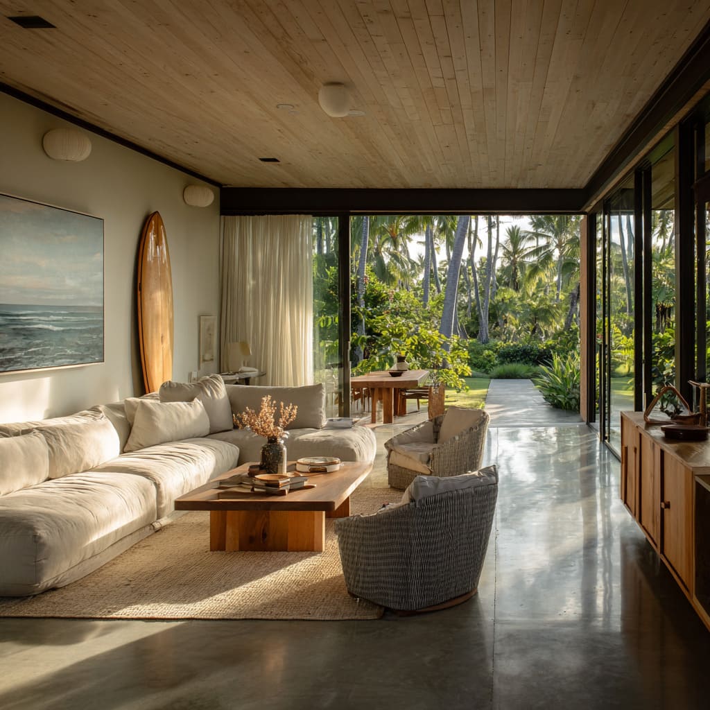Diseño interior tropical inspirado en el surf con pabellón abierto, mesa de centro de madera miel, longboard barnizado y vista a jardín de palmeras. Diseño interior tropical inspirado en el surf con pabellón abierto, mesa de centro de madera miel, longboard barnizado y vista a jardín de palmeras.