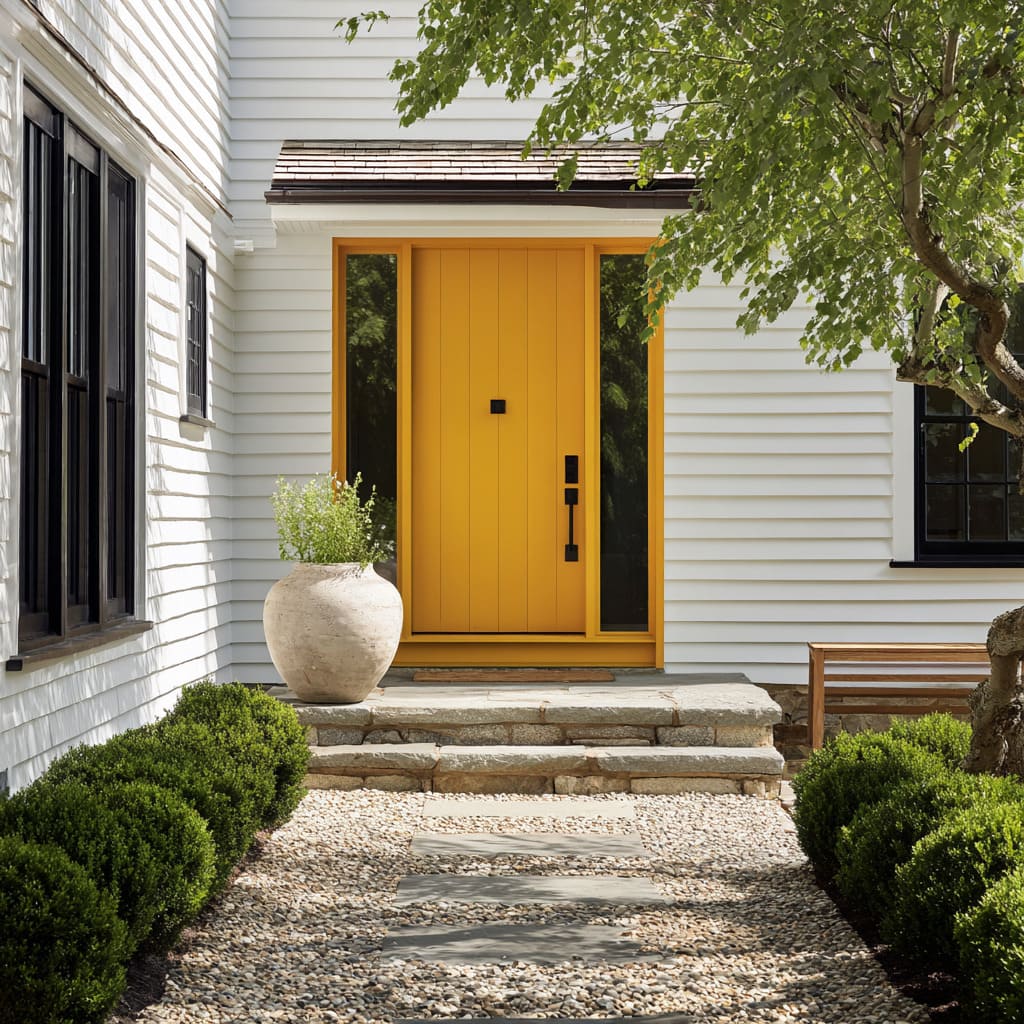 Turmeric yellow door and trim on white clapboard cottage with boxwood hedges, stone steps, and pale planter Turmeric yellow door and trim on white clapboard cottage with boxwood hedges, stone steps, and pale planter