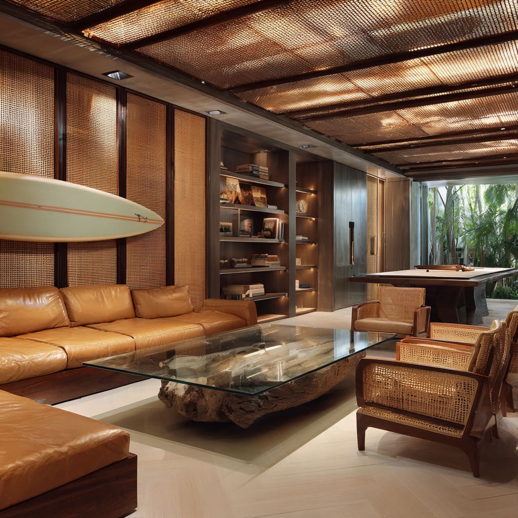 Upscale coastal-style man cave look featuring cane ceiling panels, cognac leather sofa on wood plinth, glass-on-driftwood coffee table Upscale coastal-style man cave look featuring cane ceiling panels, cognac leather sofa on wood plinth, glass-on-driftwood coffee table