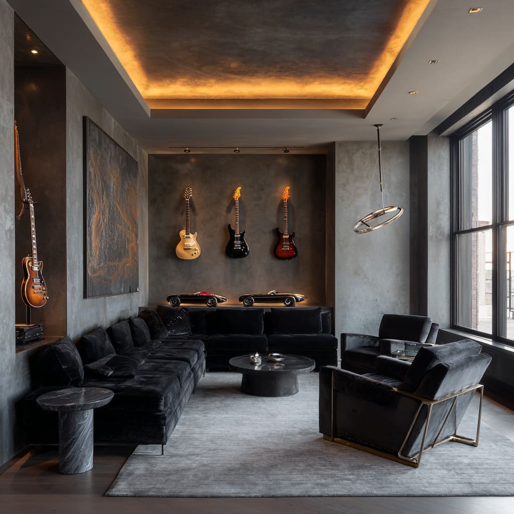 Urban music-themed man cave design with gray plaster walls, recessed guitar display, velvet seating with brass frames, round black stone tables Urban music-themed man cave design with gray plaster walls, recessed guitar display, velvet seating with brass frames, round black stone tables
