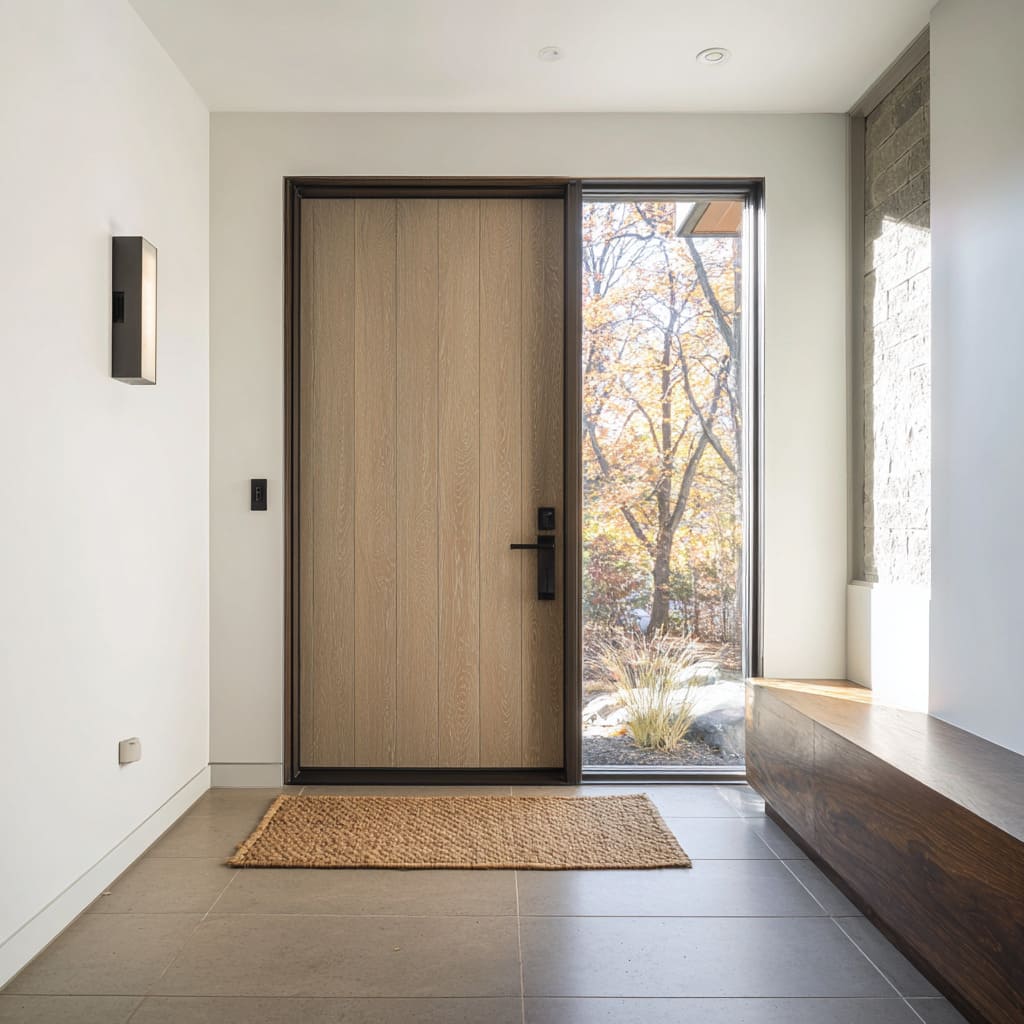 Vertical-plank oak door framed in deep bronze-brown beside a clear full-height sidelight Vertical-plank oak door framed in deep bronze-brown beside a clear full-height sidelight
