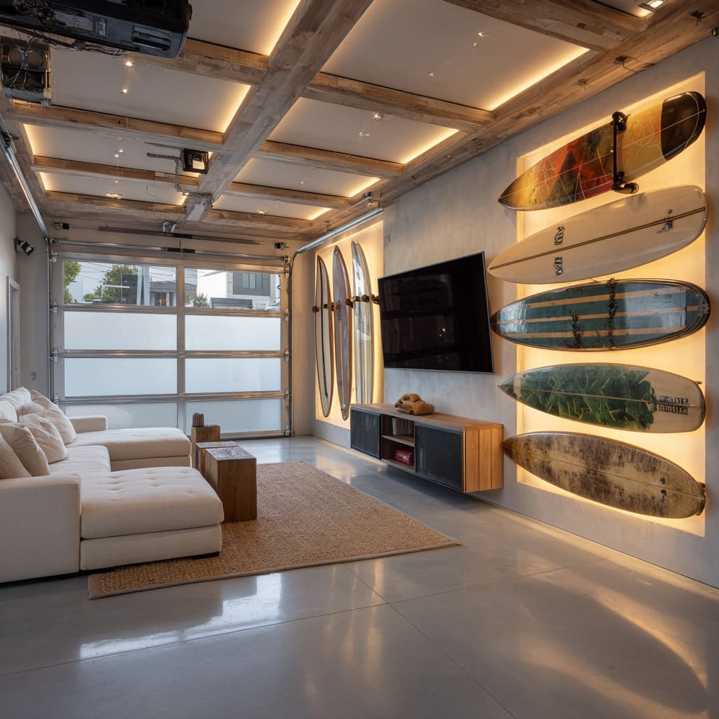 Vintage surfboard gallery garage lounge design with glowing wall panels, white sectional, timber ceiling lanterns, floating console, glass garage door