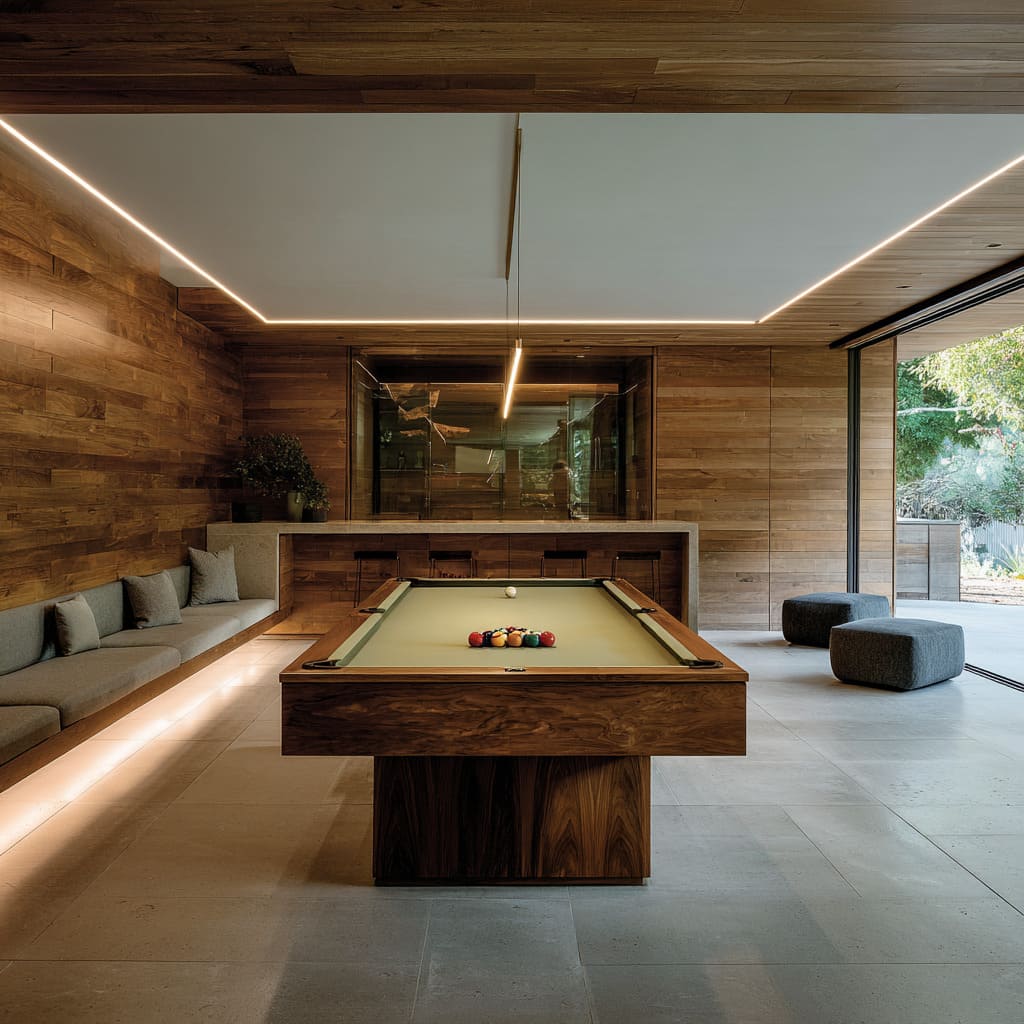 Walnut and limestone snooker room concept with clean linear lighting, moss felt table, and soft neutral seating Walnut and limestone snooker room concept with clean linear lighting, moss felt table, and soft neutral seating