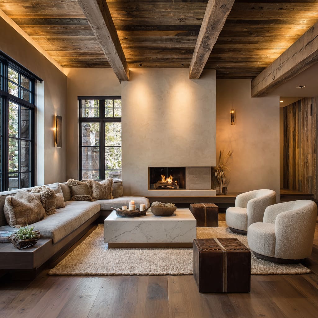 Warm chalet corner living room inspo with reclaimed beam ceiling glow, plaster walls, low bench sofa by window, round boucle chairs Warm chalet corner living room inspo with reclaimed beam ceiling glow, plaster walls, low bench sofa by window, round boucle chairs