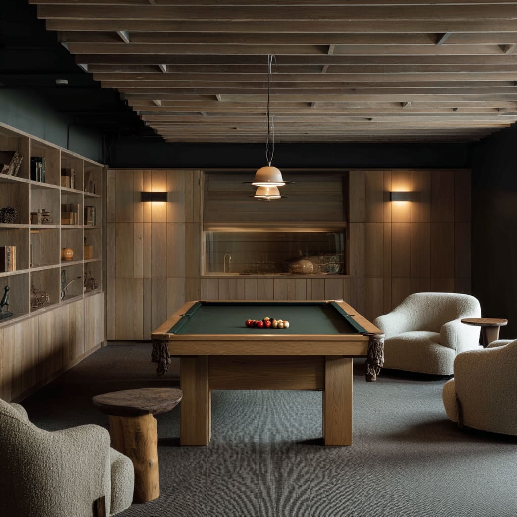 Warm oak snooker lounge style with exposed joists, green felt table, soft wall lighting, and textured chairs for a tactile, quiet mood Warm oak snooker lounge style with exposed joists, green felt table, soft wall lighting, and textured chairs for a tactile, quiet mood