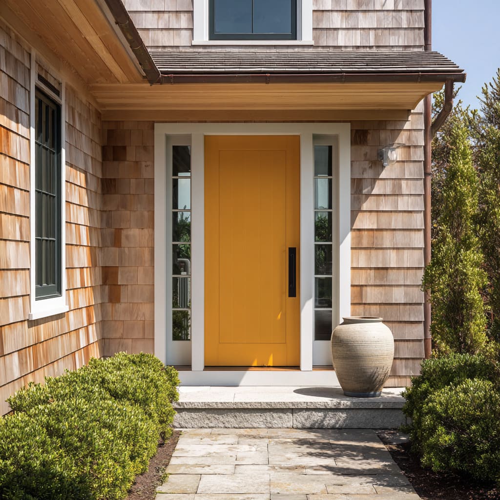 Warm ochre front door with cedar shingles, white trim, black pull, clipped shrubs Warm ochre front door with cedar shingles, white trim, black pull, clipped shrubs