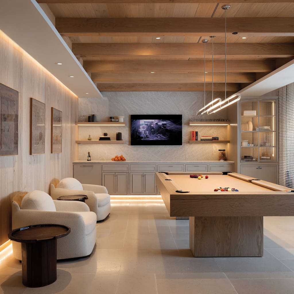 Warm snooker lounge design with pale oak, stone shelves, sand-colored felt, and soft floor lighting for a relaxed mood Warm snooker lounge design with pale oak, stone shelves, sand-colored felt, and soft floor lighting for a relaxed mood