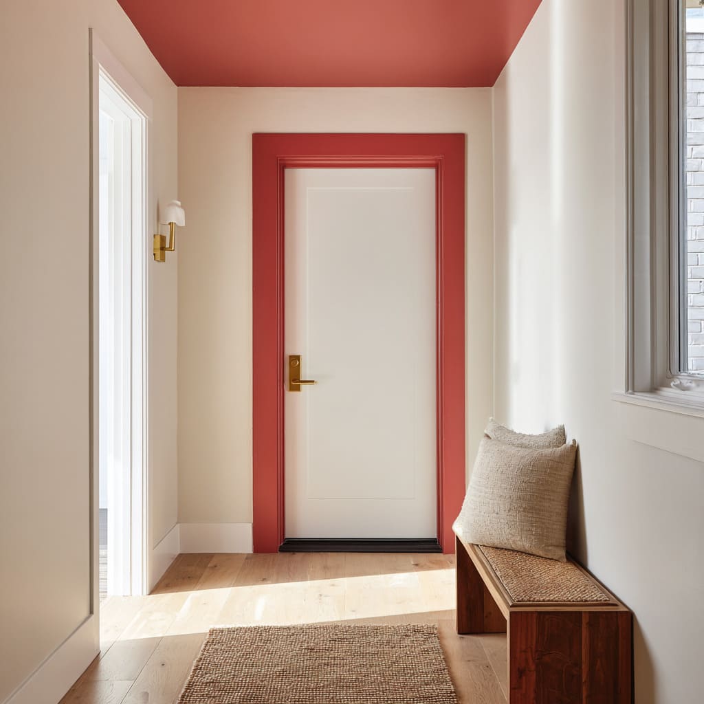 White panel door with coral-red frame and matching ceiling field White panel door with coral-red frame and matching ceiling field