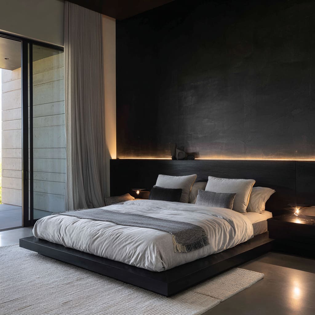 A concept with a wall behind the bed is finished in deep charcoal with a long, continuous ledge that becomes both headboard and light shelf A concept with a wall behind the bed is finished in deep charcoal with a long, continuous ledge that becomes both headboard and light shelf
